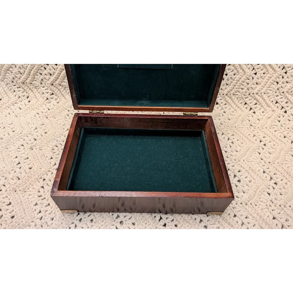 Vintage Wood Jewelry Box Brass Corner Campaign Style Green Velvet Lining 11x7x4